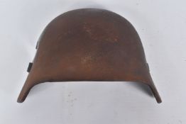 A GERMAN STEEL BROW PLATE OR SNIPERS PLATE WITH LEATHER STRAP, these shields were used during WWI,