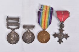 FOUR MEDALS AND AWARDS, to include a MBE, WWI Victory medal, indian General Service medal and Indian