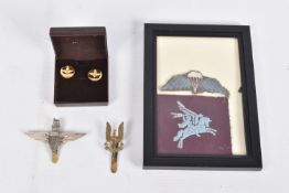 A FRAMED PARACHUTE REGIMENT CLOTH WINGS AND A PEGASUS CLOTH PATCH, also included are two cap