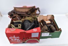 TWO BOXES OF ASSORTED MILITARIA, to include two pairs of boots, Royal Warwickshire side cap, camo