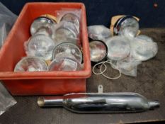 A TRAY CONTAINING NEW OLD STOCK MOSTLY LUCAS MOTORCYCLE LIGHT LENSES, three complete lights, new
