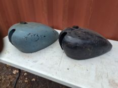 TWO AJS/MATCHLESS PETROL TANKS both are overpainted, both have minor dents, the blue/green