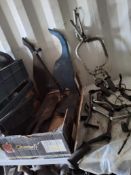 A TRAY CONTAINING VINTAGE BRITISH MOTORCYCLE PARTS, including two handlebars with some controls,