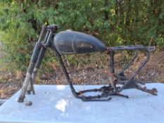 A 1950s AJS/MATCHLESS MOTORCYCLE FRAME with frame number A62488 stamped, front forks, top and bottom