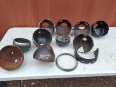 A COLLECTION OF VINTAGE BRITISH MOTORCYCLE HEADLAMP BOWLS, including Lucas, King of the Road, etc