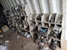 THREE BAYS OF METAL WORKSHOP PIGEON HOLE SHELVING all 107cm wide (CONTENTS OF SHELVES NOT INCLUDED