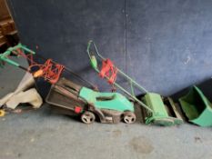 A BOSCH ROTAK 340ER ELECTRIC LAWN MOWER with grassbox and a Qualcast electric cylinder mower with