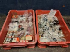 TWO TRAYS CONTAINING VINTAGE BRITISH MOTORCYCLE PARTS some modern replacements and some original