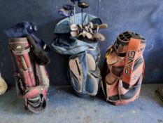THREE GOLF BAGS BY PING, MIZUNA AND AN ONYX including Onyx clubs