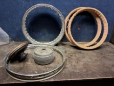 FIVE VINTAGE MOTORCYCLE SPOKED WHEEL RIMS AND TWO HUBS (no bearings) comprising a pair of Dunlop