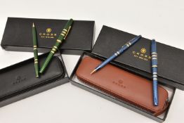 TWO CASED 'CROSS' PEN/PENCIL SETS, one blue set and one green set, each with a fountain pen and