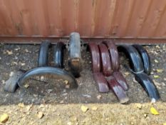 NINE VINTAGE BRITISH MOTORCYCLE MUDGUARDS, including a pair of maroon, a pair of black (both pairs