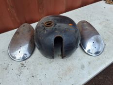 AN AJS/MATCHLESS PETROL TANK WITH CHROMED SIDE COVERS, some internal rust, no obvious dents, rust to