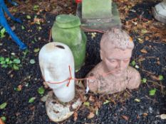 THREE GARDEN FIGURES, including a 50cm high cast stone modern art figure, a plaster bust and a