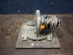 A RYOBI EMS-1121 COMPOUND MITRE SAW with an 8in blade, mounted on a plastic toolbox lid (PAT