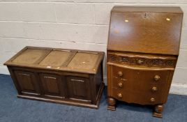 AN EARLY 20TH CENTURY OAK LINENFOLD BLANKET CHEST, along with a bureau, with a fall front door and