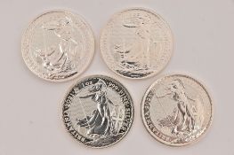 FOUR BRITANNIA 1OZ 999. FINE SILVER £2 POUND COINS, three dated 2021 and one dated 2023, approximate
