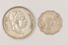 Silver. An excessively rare 1953 Iraqi 100 fils .900 silver coin of King Faisal 11. These coins were