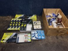 A WOODEN TRAY CONTAINING GOLF BALLS AND ACCESSORIES, including two full boxes of Wilson 50 elite