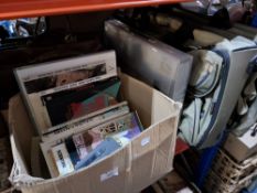 TWO BOXES AND LOOSE OF MISCELLANEOUS ITEMS to include a box of three vintage leather messenger bags,