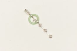 A 9CT WHITE GOLD PENDANT, a white gold drop pendant fitted with a jade hoop and set with single