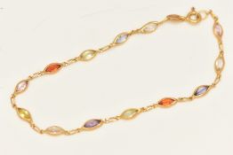 A YELLOW METAL CZ BRACELET, spectacle set with multi-colour cubic zirconia, fitted with a spring