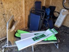 A COLLECTION OF CAMPING AND LEISURE EQUIPMENT, including a pair of metal-framed reclining folding