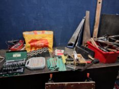 A COLLECTION OF TOOLS including two Kamasa socket sets, spanners, caravan chocks, a boxed Record