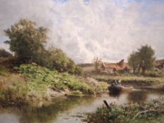 J. WHIPPLE 19TH/20TH CENTURY, RIVER LANDSCAPE, two figures are navigating a river on barge, farm