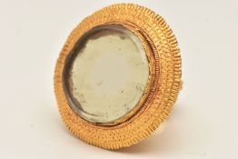 A LARGE YELLOW METAL 19TH CENTURY INDIAN MIRROR RING, handmade, believed to be either bridal or make