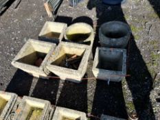 THREE PAIRS OF GARDEN PLANTERS, including one pair of tapered square planters 30cm across, a pair of