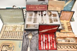 A LARGE ASSORTMENT OF WHITE METAL WARE, to include cased and boxed sets of cutlery, a tray of
