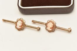 TWO 9CT GOLD CAMEO BAR BROOCHES, each bar brooch set with an oval form cameo, depicting a lady in