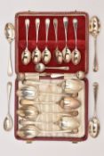 AN ASSORTMENT OF SILVER ITEMS, to include a cased set of six teaspoons, each with shell pattern,