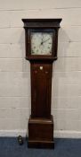AN EARLY 19TH CENTURY OAK CASED LONGCASE CLOCK, with blind fretwork to the hood, the glass door