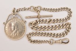 A SILVER ALBERT CHAIN AND COIN, a graduated curb link chain, fitted with a T bar and lobster