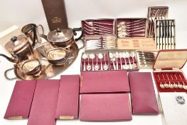 A BOX OF ASSORTED WHITE METAL WARE, to include an oval tray, a four piece silver plate tea set