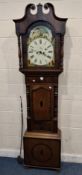 AN OAK AND MAHOGANY CASED LONGCASE CLOCK, with twin swan neck pediment, the arched glass door