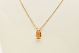AN 18CT YELLOW GOLD GEM SET PENDANT, a rectangular cut citrine, prong set in yellow gold,