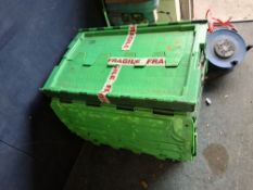 FOUR PLASTIC TOTE BOXES with lids 72cm long