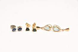 THREE PAIRS OF GEM SET EARRINGS, to include a pair of yellow gold stud earrings set with a