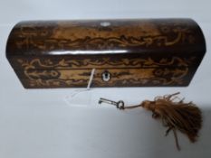 A 19TH CENTURY DOME SHAPED GLOVE BOX, circa 1830s, veneered in rosewood and maple with foliate and