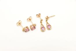TWO PAIRS OF YELLOW METAL GEM SET EARRINGS, a pair of yellow metal stud earrings, oval cut pink