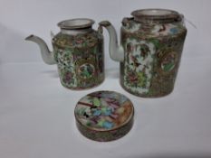 TWO CHINESE FAMILLE ROSE TEAPOTS, painted with panels of figures and birds, heights 12.5cm and 14.