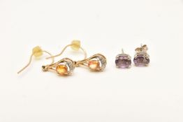 TWO PAIRS OF GEM SET EARRINGS, the first a pair of yellow metal drop earrings with fish hook