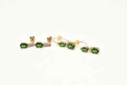 TWO PAIRS OF YELLOW METAL GEM SET EARRINGS, a pair of yellow metal drop earrings with post fittings,