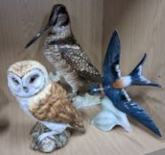 A GROUP OF CERAMIC BIRDS, comprising a Rosenthal Snipe, modelled standing amongst foliage, signed '