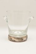 A GLASS ICE BUCKET WITH SILVER BASE, hallmarked 'W I Broadway & Co' Birmingham 2004, approximate