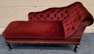 A 20TH CENTURY CHAISE LONGUE, with buttoned upholstery, raised on cabriole legs Dimensions:width