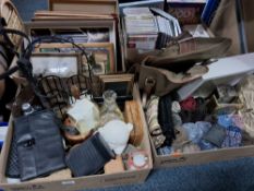 FOUR BOXES AND LOOSE CELLANEOUS HOUSEHOLD ITEMS to include a box containing neckties and clocks, a